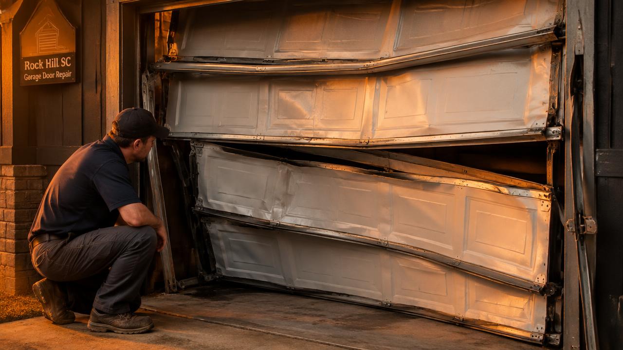 Crashed garage door service performed by Rock Hill Garage Door Repair in Rock Hill, SC